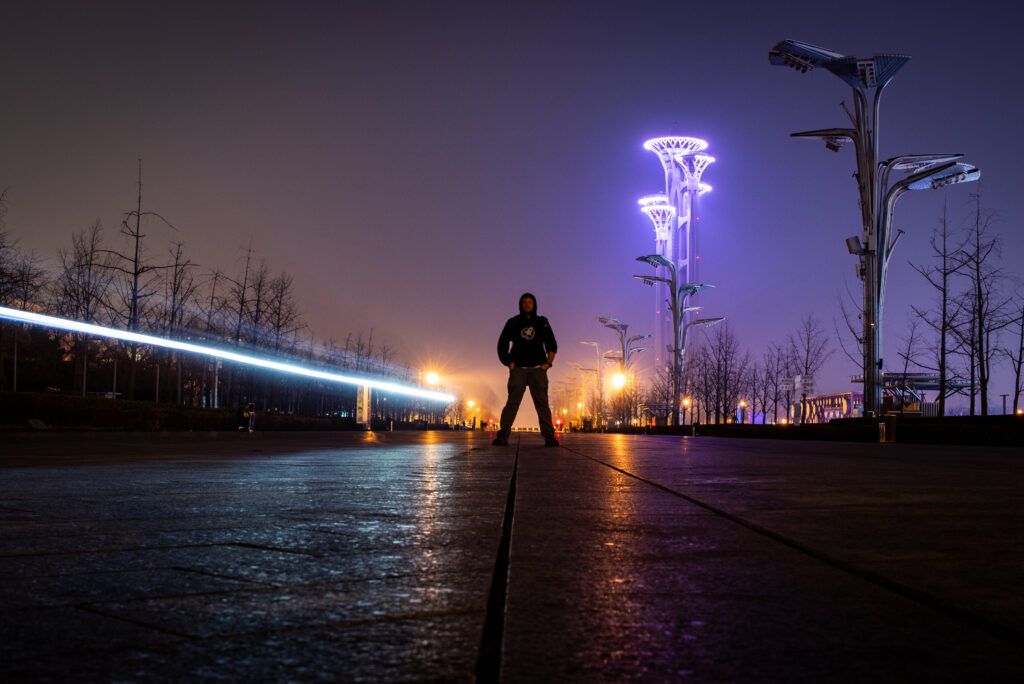 Long exposure shot of Robby at the Olympic Village in Beijing, China. 