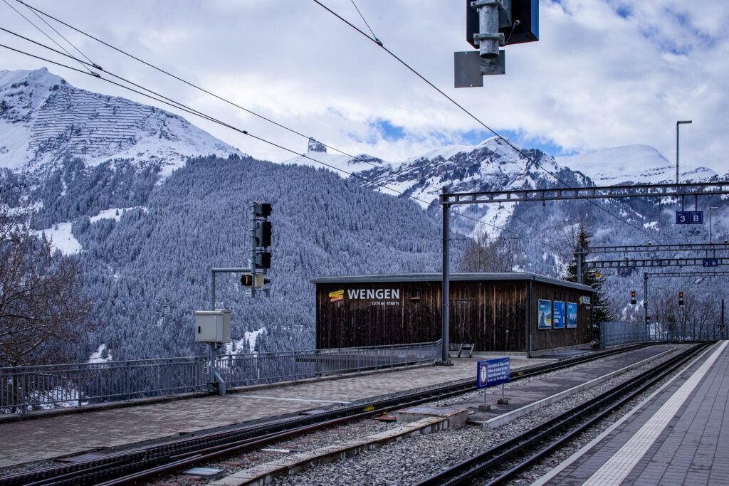 A train station in the snowy Swiss Alps. 
