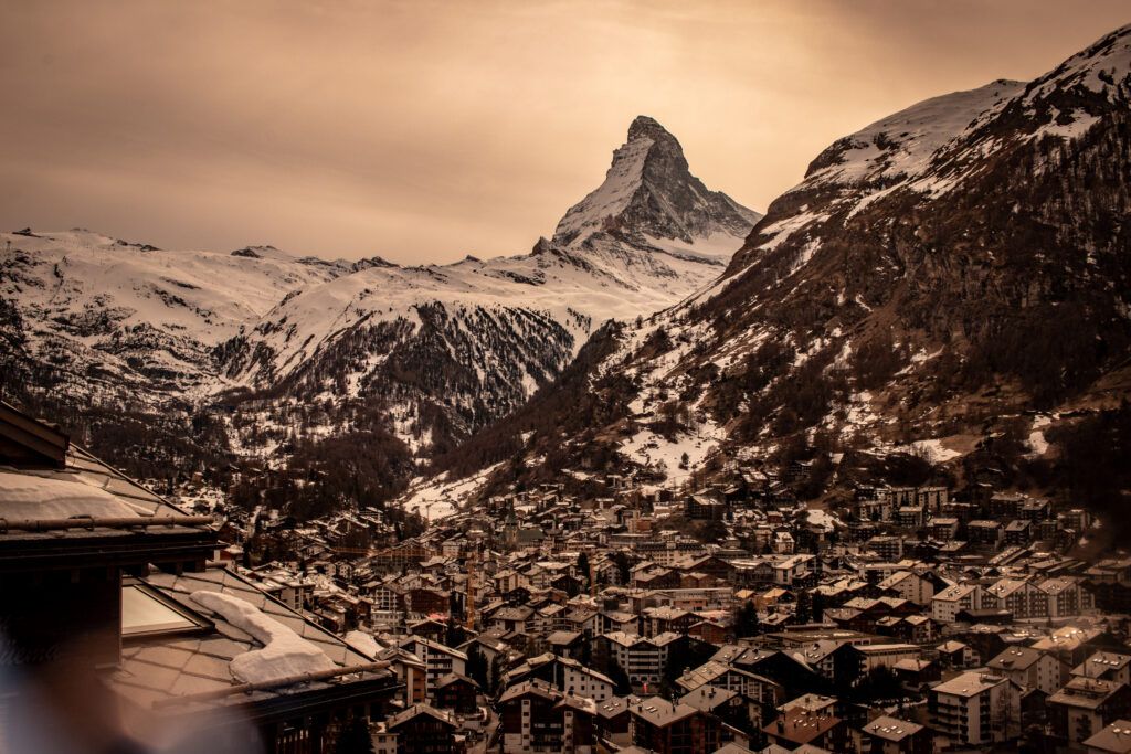 A warm image of the Matterhorn and village below in Switzerland. 